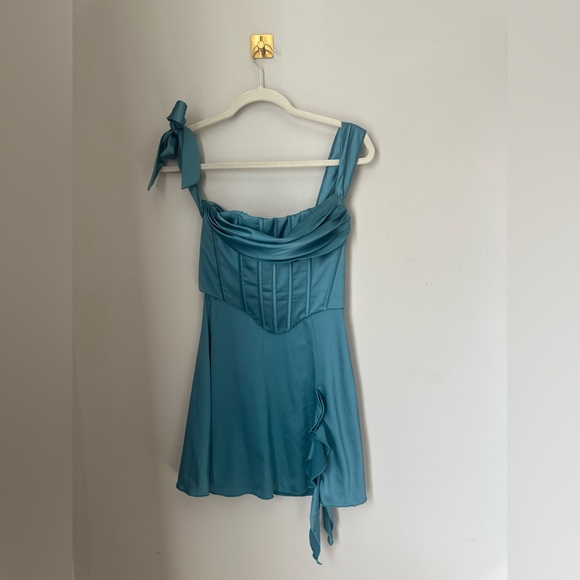 Oh Polly Lilou Off Shoulder Corset Mini Dress in Teal - Picture 4 of 7